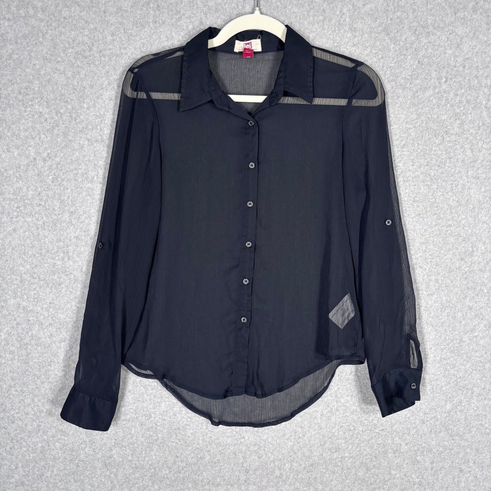 Y2K lei Sheer Textured Blouse Black‎ Blouse Whimsigoth Crinkle Button Up Career